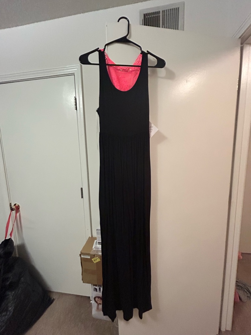 Black Maxi Dress with Pink Inner Panel - Sleeveless Casual Maxi